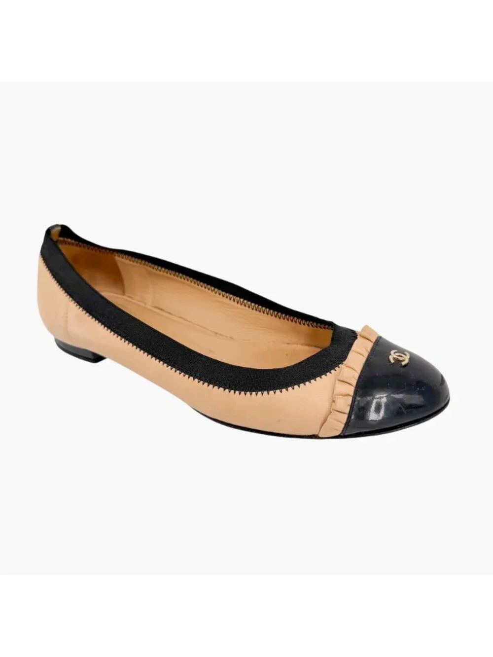 Chanel CC Cap Toe Ballet Flats Beige Black Leather Ruffle Size 39.5 US 8.5-9